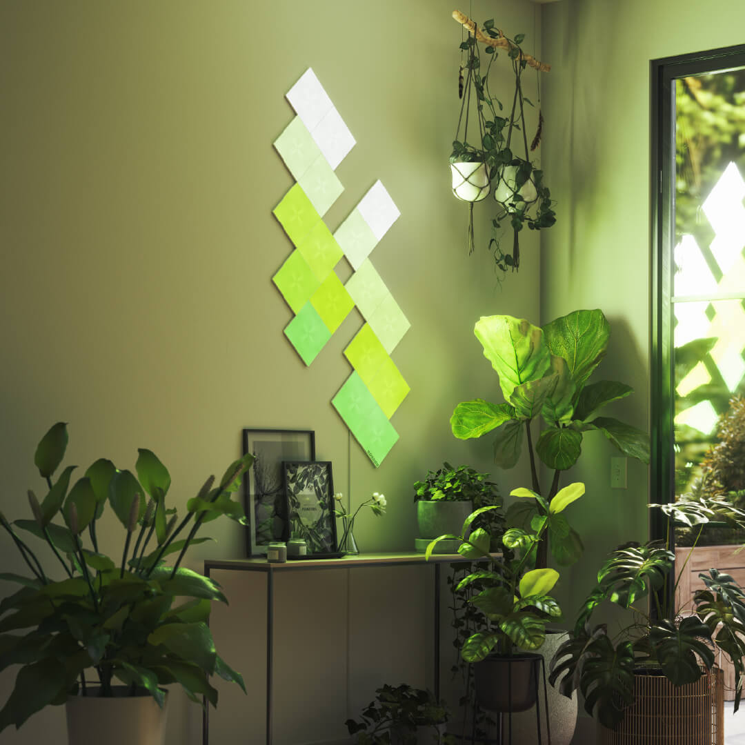 Nanoleaf Canvas color-changing square smart modular light panels mounted to a wall above house plants. Similar to Philips Hue, Lifx. HomeKit, Google Assistant, Amazon Alexa, IFTTT.