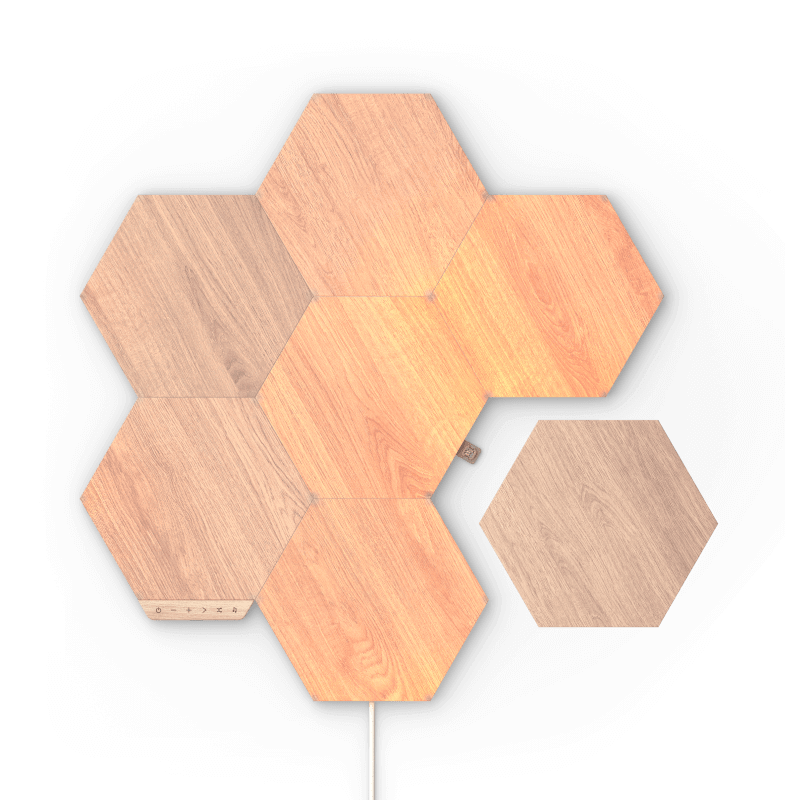 Nanoleaf Elements Thread enabled wood look hexagon smart modular light panels. 7 pack. Has expansion packs and flex linker accessories. HomeKit, Google Assistant, Amazon Alexa, IFTTT.